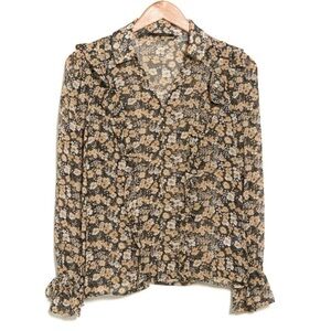 T Tahari Ruffle Long Sleeve Black Beige Floral Ruffle Trim Blouse - Medium, NWT